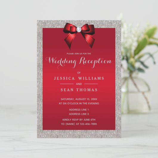 Elegante Ruby Red, Silver Glitzer Wedding Receptio Einladung (Stehend Vorderseite)