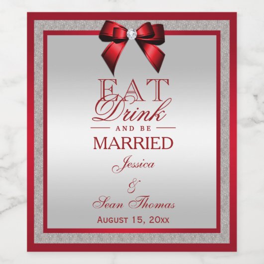 Elegante Ruby Red & Silver Glitzer Wedding Weinetikett (Einzelnes Label)