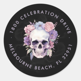 Elegante Rücksendeadresse Floral & Skull Gothic Runder Aufkleber