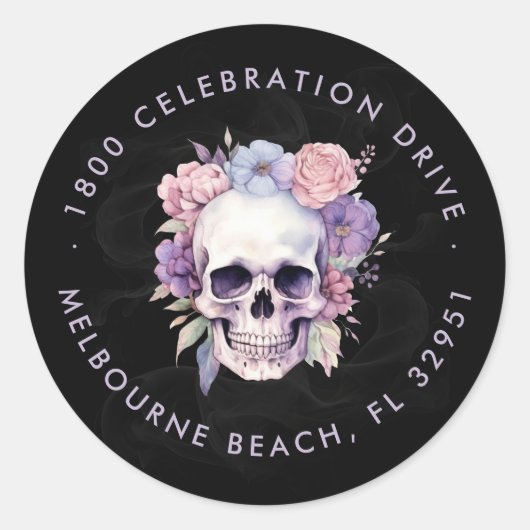 Elegante Rücksendeadresse Floral & Skull Gothic Runder Aufkleber (Vorderseite)