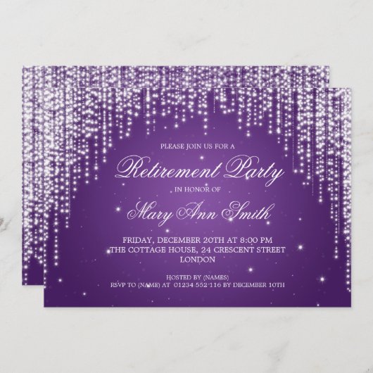 Elegante Ruhestands-Party-Nacht blenden Lila Einladung (Vorne/Hinten)