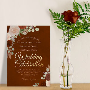 Elegante Rust Floral mit Rose Gold Text Hochzeit Folieneinladung
