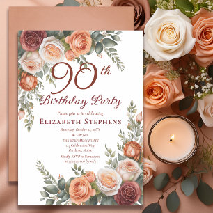 Elegante Rust Terrakotta-Rosen-Blumen 90. Geburtst Einladung