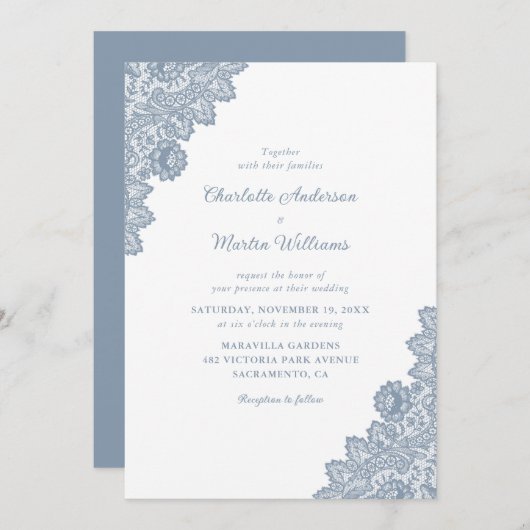 Elegante Rustic Dusty Blue Lace Hochzeit Einladung (Vorne/Hinten)