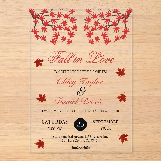 Elegante Rustic Fall Red Blätter Boho Herbsthochze Acryleinladungen (Vorderseite)