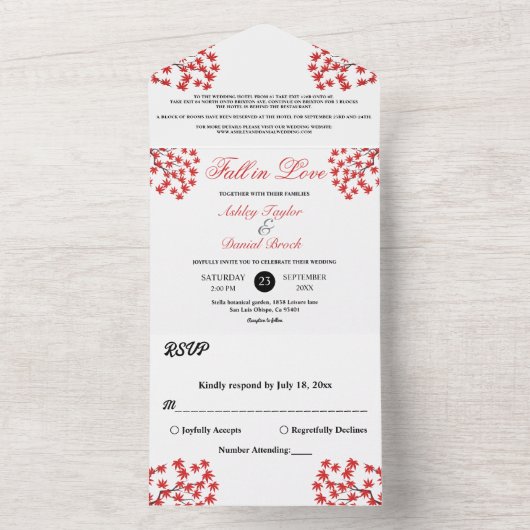 Elegante Rustic Fall Red Blätter Boho Herbsthochze All In One Einladung (Innen Boden)