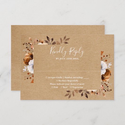 Elegante Rustic Kraft Fall Floral Wedding RSVP Karte (Vorne/Hinten)