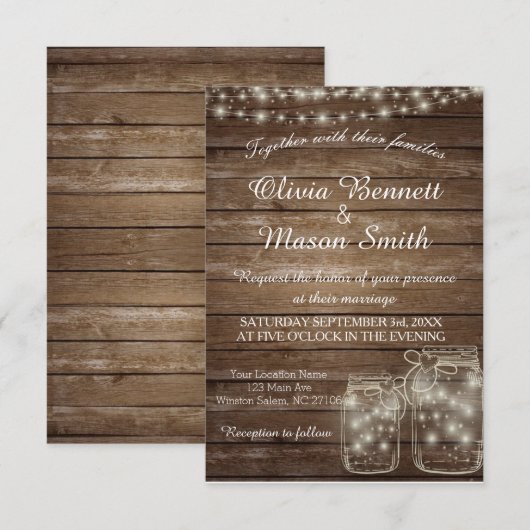 Elegante Rustic Mason Jar Lights Hochzeitskarte Einladung (Vorne/Hinten)