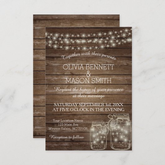 Elegante Rustic Mason Jar Lights Wedding Card Einladung (Vorne/Hinten)