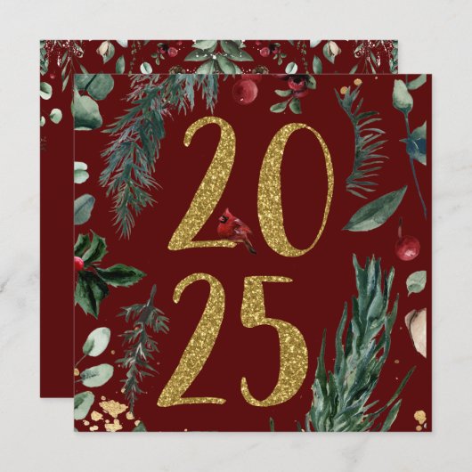 Elegante Rustikal Red 2025 New Years Holiday Card (Vorne/Hinten)