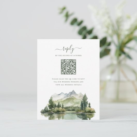 Elegante rustikale Bergwelt QR Code Hochzeit RSVP Karte (Stehend Vorderseite)