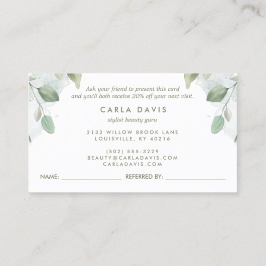 Elegante Rustikale Blätter Empfehlungskarte (Rückseite)