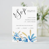 Elegante rustikale Blau- und Gold-Wildblumen RSVP Karte (Stehend Vorderseite)