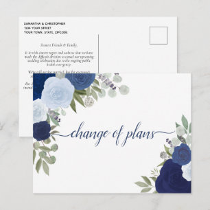 Elegante rustikale blaue Rosen Änderung der Hochze Ankündigungspostkarte