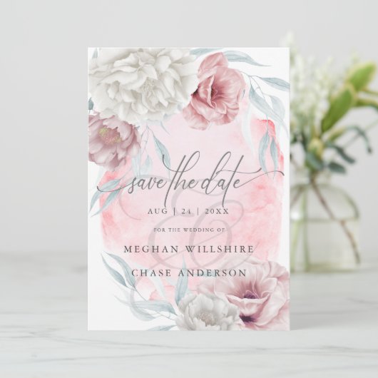 Elegante Rustikale Blume Dusty Rose Elfenbeinküste Einladung (Stehend Vorderseite)