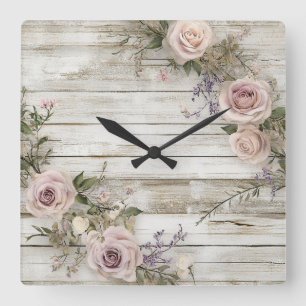 Elegante rustikale Blumen-Rosen-Wanduhr Quadratische Wanduhr