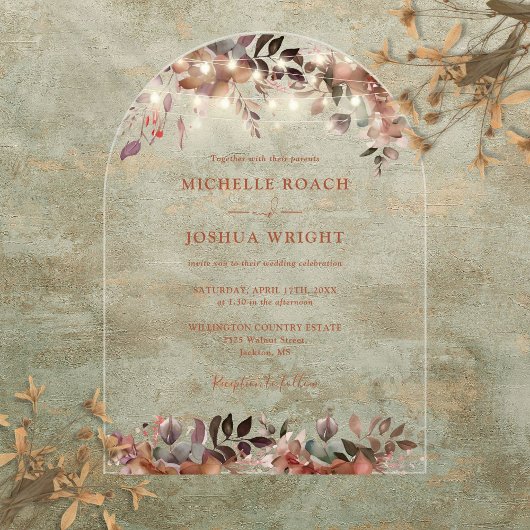 Elegante rustikale Blumenstrauß-Hochzeit Acryleinladungen