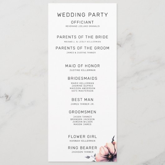 Elegante Rustikale Boho Blush Pink Blumenzehen Programm (Rückseite)