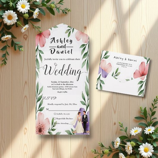 Elegante Rustikale Braut & Groom Sommerblumenhochz All In One Einladung