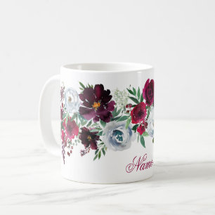 Elegante rustikale Burgundy Blue Rose Peonies Name Kaffeetasse