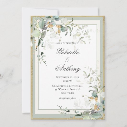 Elegante Rustikale Eukalyptus Sage Gold Wedding Einladung (Vorderseite)