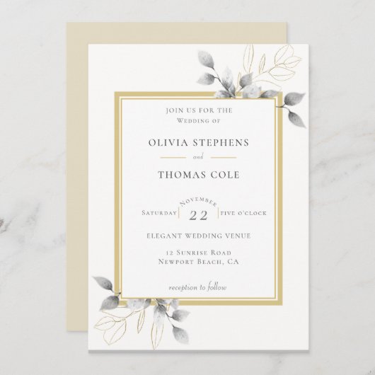 Elegante rustikale Eukalyptus Schwarz-weiße Goldho Einladung (Vorne/Hinten)