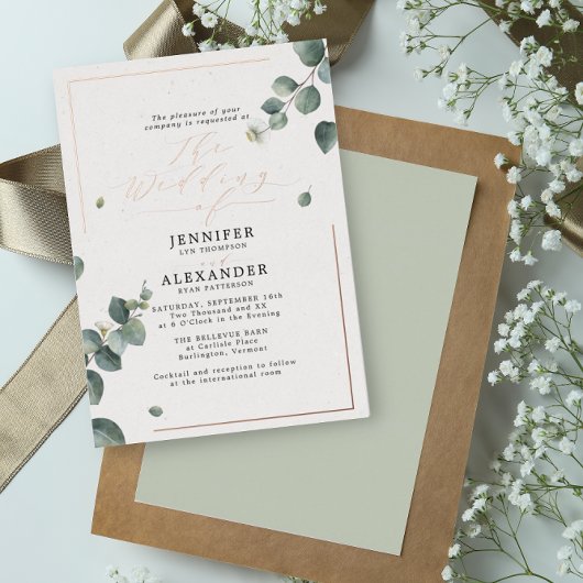 Elegante rustikale Eukalyptus Script Wedding Rose Folieneinladung