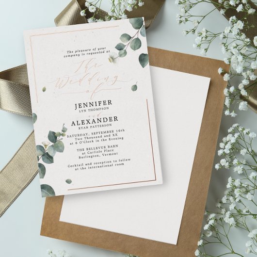 Elegante rustikale Eukalyptus Script Wedding Rose Folieneinladung