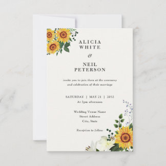 Elegante rustikale Gelbe Sonnenblumen & Wildblumen Einladung