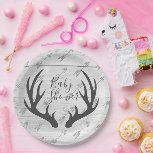 Elegante rustikale graue Geweihe u. weißes Holz Pappteller (Party)