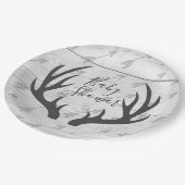 Elegante rustikale graue Geweihe u. weißes Holz Pappteller (Schrägansicht)