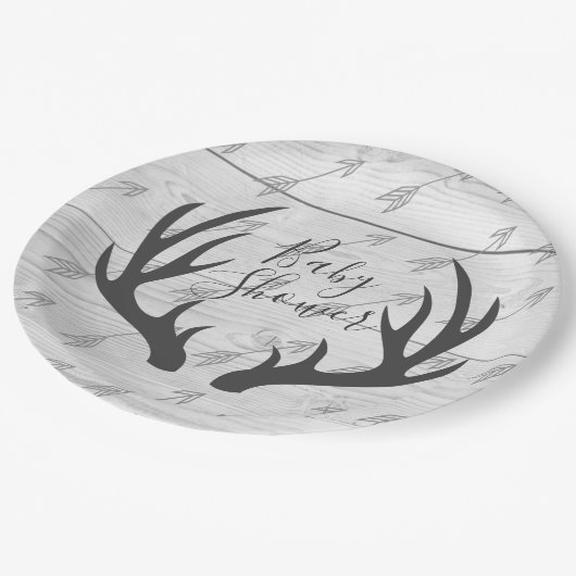 Elegante rustikale graue Geweihe u. weißes Holz Pappteller (Schrägansicht)