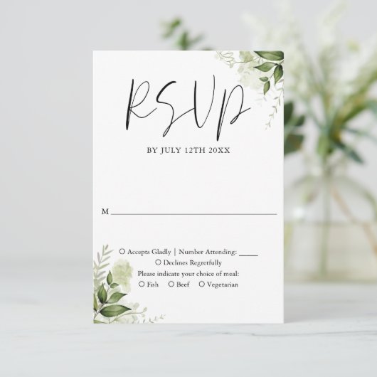 Elegante Rustikale Grünpflanzen Hochzeit der Blume RSVP Karte (Stehend Vorderseite)