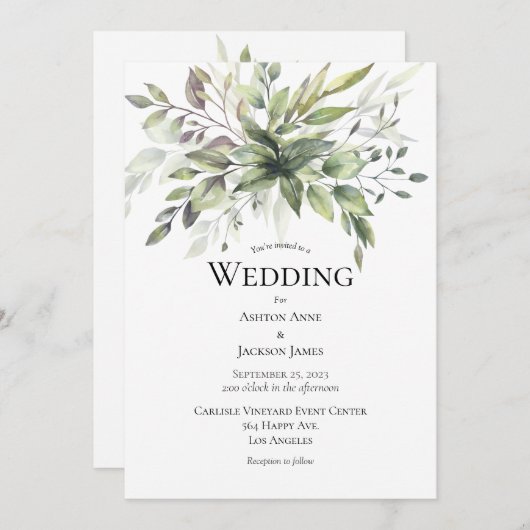 Elegante Rustikale Grünpflanzen Hochzeit Einladung (Vorne/Hinten)