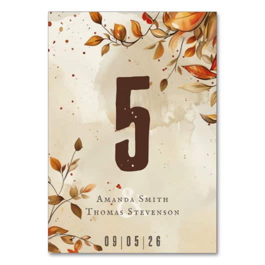 Elegante rustikale Herbsthochzeit Tischnummer (Rückseite)