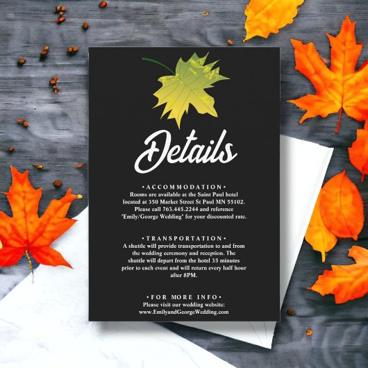 Elegante rustikale Herbstlaube Schwarz-Weiß-Hochze Begleitkarte