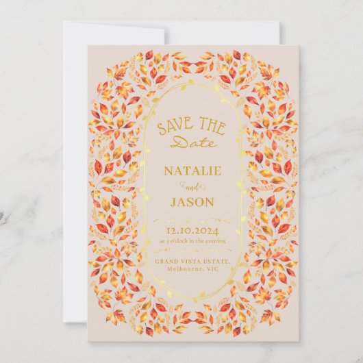 Elegante rustikale Herbstlaubs Boho Wedding Save The Date (Vorderseite)
