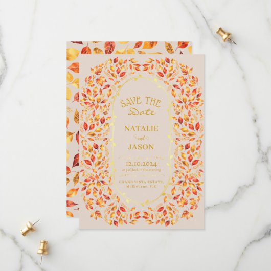 Elegante rustikale Herbstlaubs Boho Wedding Save The Date (Vorderseite/Rückseite Beispiel)