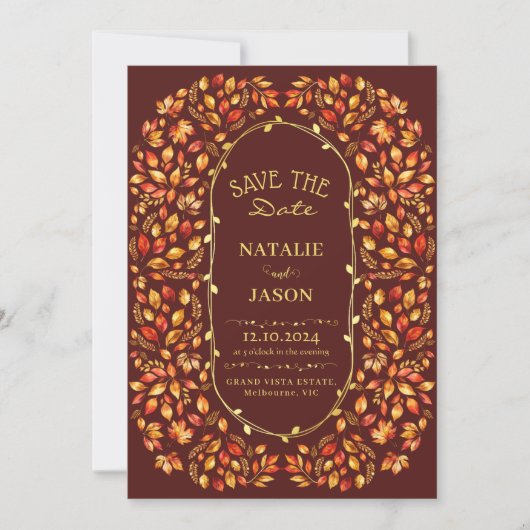 Elegante rustikale Herbstlaubs Boho Wedding Save The Date (Vorderseite)