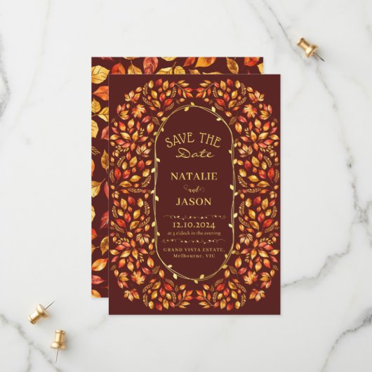 Elegante rustikale Herbstlaubs Boho Wedding Save The Date (Vorderseite/Rückseite Beispiel)