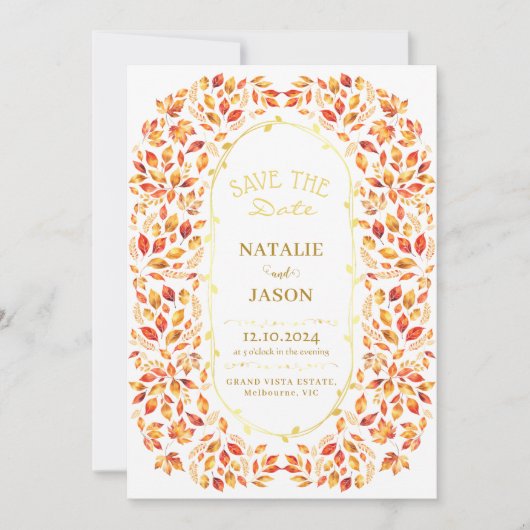 Elegante rustikale Herbstlaubs Boho Wedding Save The Date (Vorderseite)
