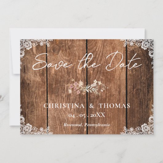 Elegante rustikale Hochzeit aus Holz und Spitzen Save The Date (Vorderseite)