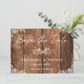 Elegante rustikale Hochzeit aus Holz und Spitzen Save The Date (Stehend Vorderseite)