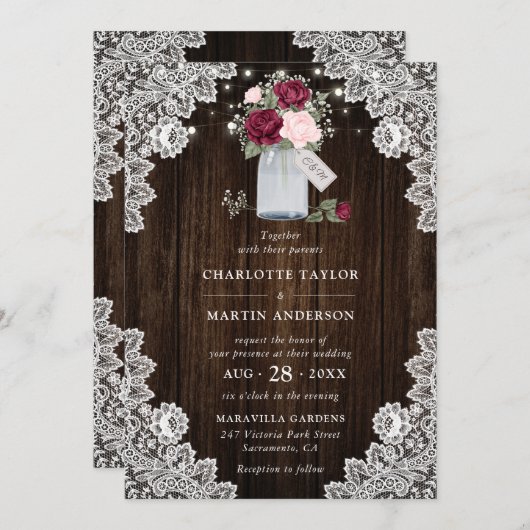 Elegante Rustikale Hochzeit in Burgund Rosa Blüten Einladung (Vorne/Hinten)