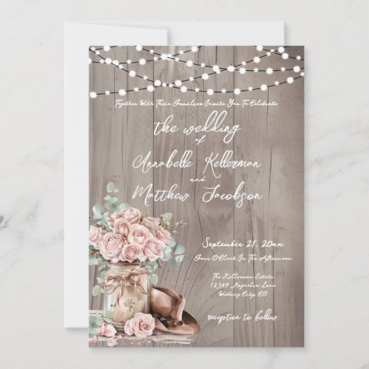 Elegante rustikale Holz-Rose Hochzeit Einladung (Vorderseite)
