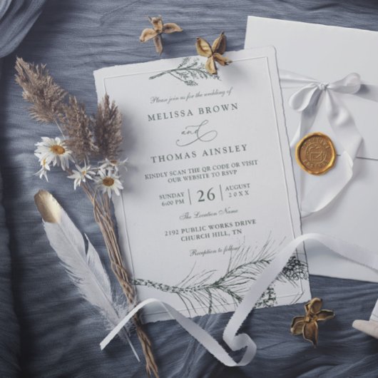 Elegante Rustikale Kiefernzweig QR-Code Hochzeit Einladung