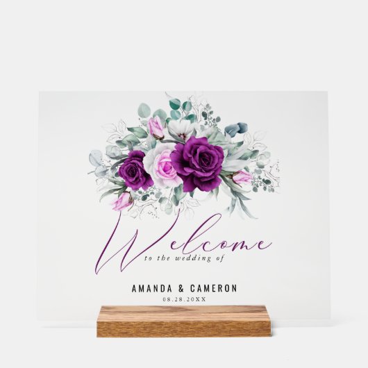 Elegante Rustikale Lila Blush Wedding Willkommen Acrylschild (Vorderseite)