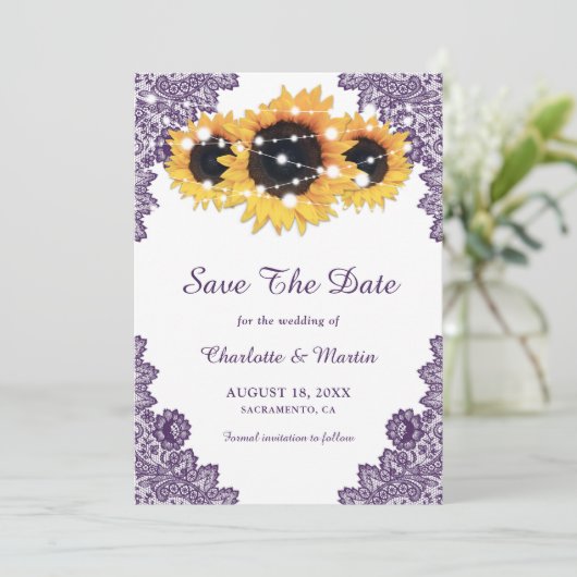 Elegante rustikale Lila Sonnenblumenhochzeit Save The Date (Stehend Vorderseite)