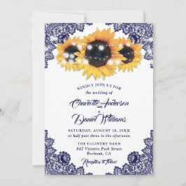 Elegante Rustikale Navyblaue Spitze Sonnenblumen H Einladung