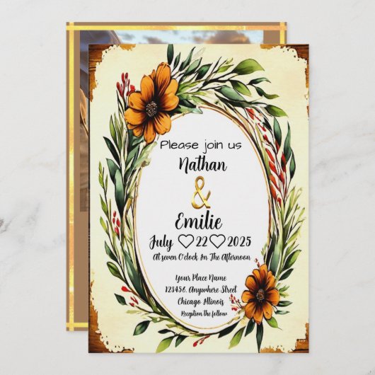 Elegante rustikale orangefarbene Blume Einladung (Vorne/Hinten)